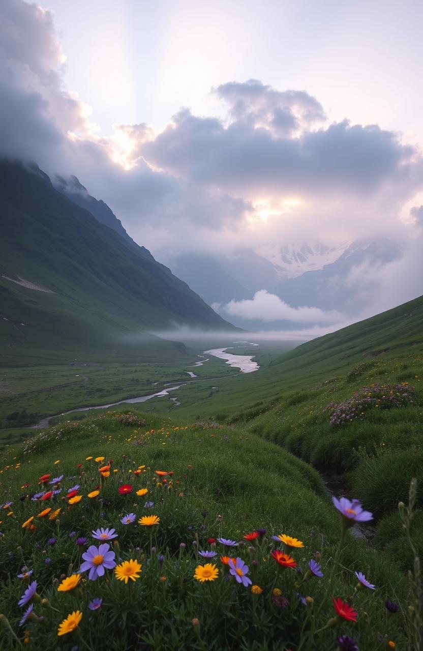 A serene and breathtaking view of a misty mountain landscape at dawn, with soft sunlight filtering through the clouds, illuminating the mountain peaks