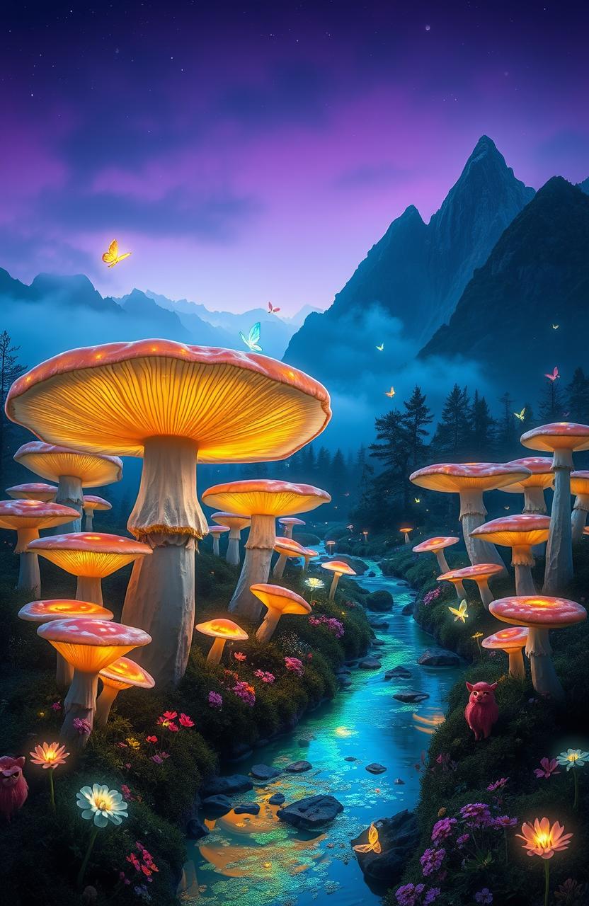 A surreal landscape featuring a giant, luminescent mushroom forest at twilight, with bioluminescent plants illuminating the scene