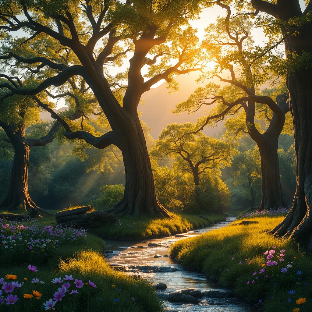 A magical scene featuring a mystical forest during the golden hour