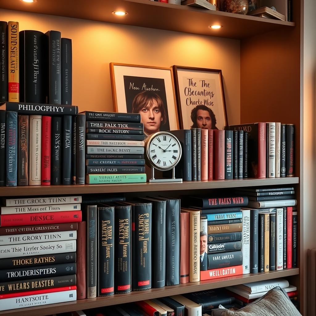A cozy and stylish interior scene featuring a bookshelf filled with a curated collection of books on philosophy, rock music, and other literature about powerful men