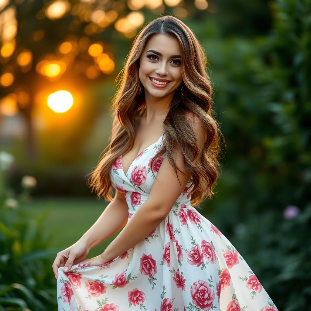 A beautiful woman elegantly posed in a lush garden, wearing a flowing summer dress with floral patterns