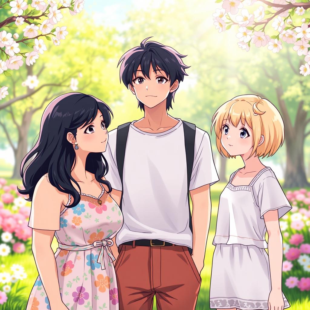 A scene depicting a boy with long black hair standing between two girls, one on each side