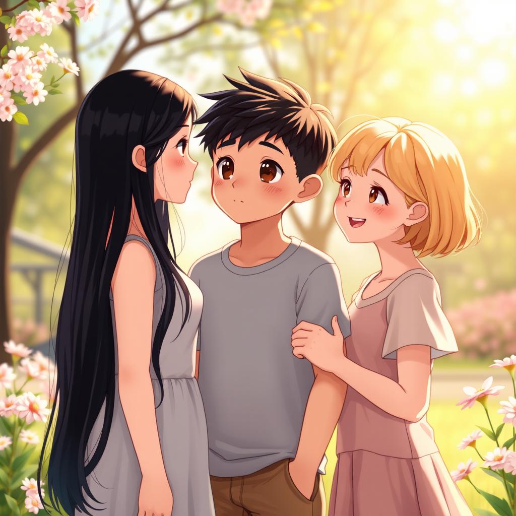A scene depicting a young boy with long black hair, expressing a romantic interest in two girls