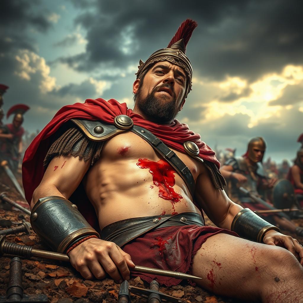 A wounded Roman soldier, showcasing deep emotional pain and the effects of battle, lying on the ground