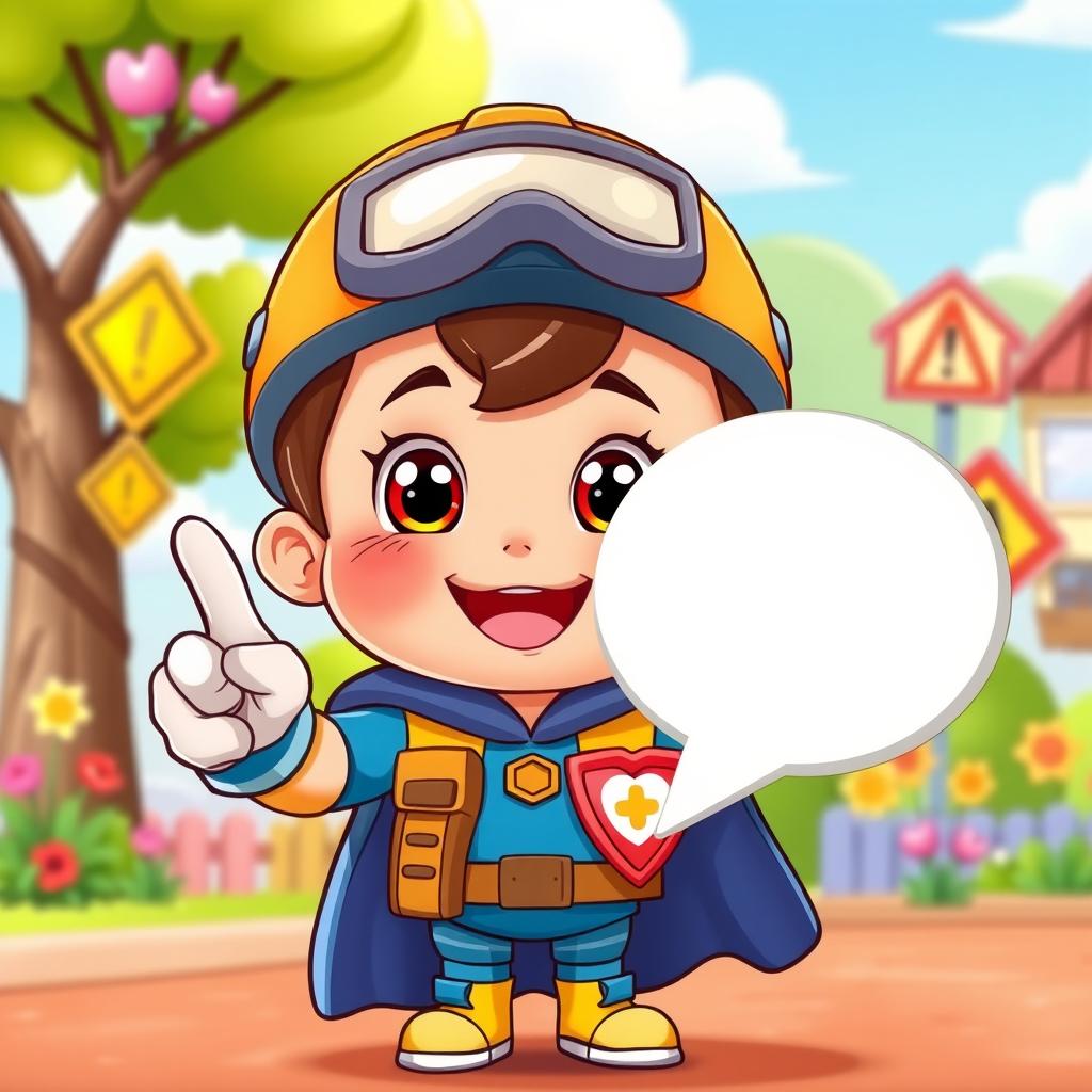 A cute cartoon-style character known as the 'Safety Little Guardian', joyfully pointing at a white speech bubble