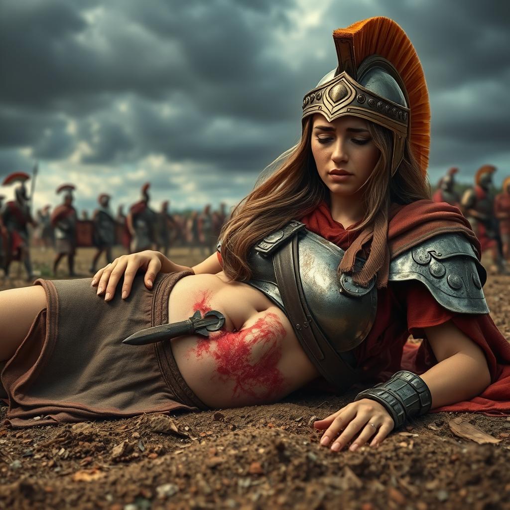 A female Roman soldier in full battle armor, lying on the ground with a pained expression, her stomach deeply wounded by a spear protruding from her side