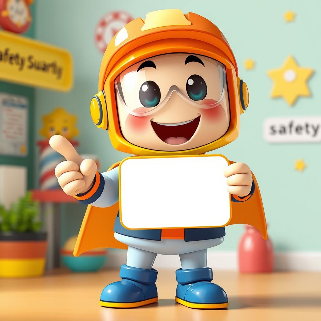 A cute and friendly cartoon character representing a safety guardian, energetically pointing at a speech bubble that is white in color