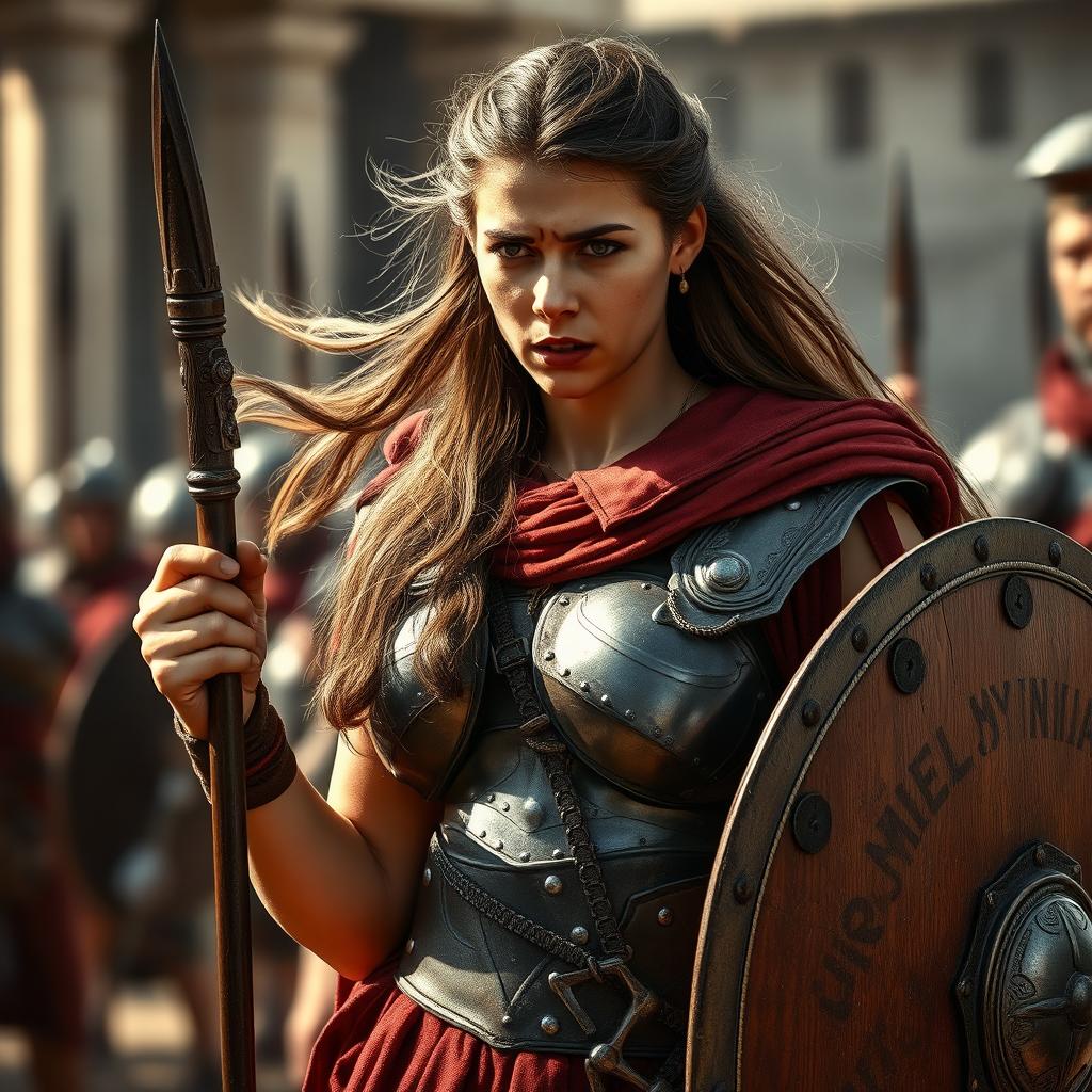 A female Roman soldier, fully armed with a gladius and shield, strikingly portrayed as injured with a spear embedded in her stomach