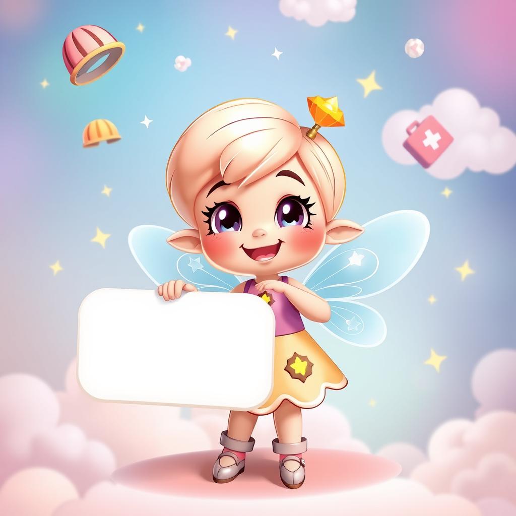 A cartoon-style character of a 'Safety Little Guardian Fairy', with whimsical wings and a joyful expression, pointing at a white speech bubble
