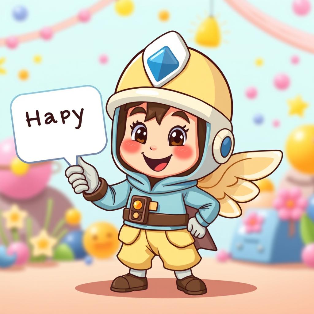 A cute safety guardian sprite character in a colorful cartoon style, joyfully pointing at a white speech bubble