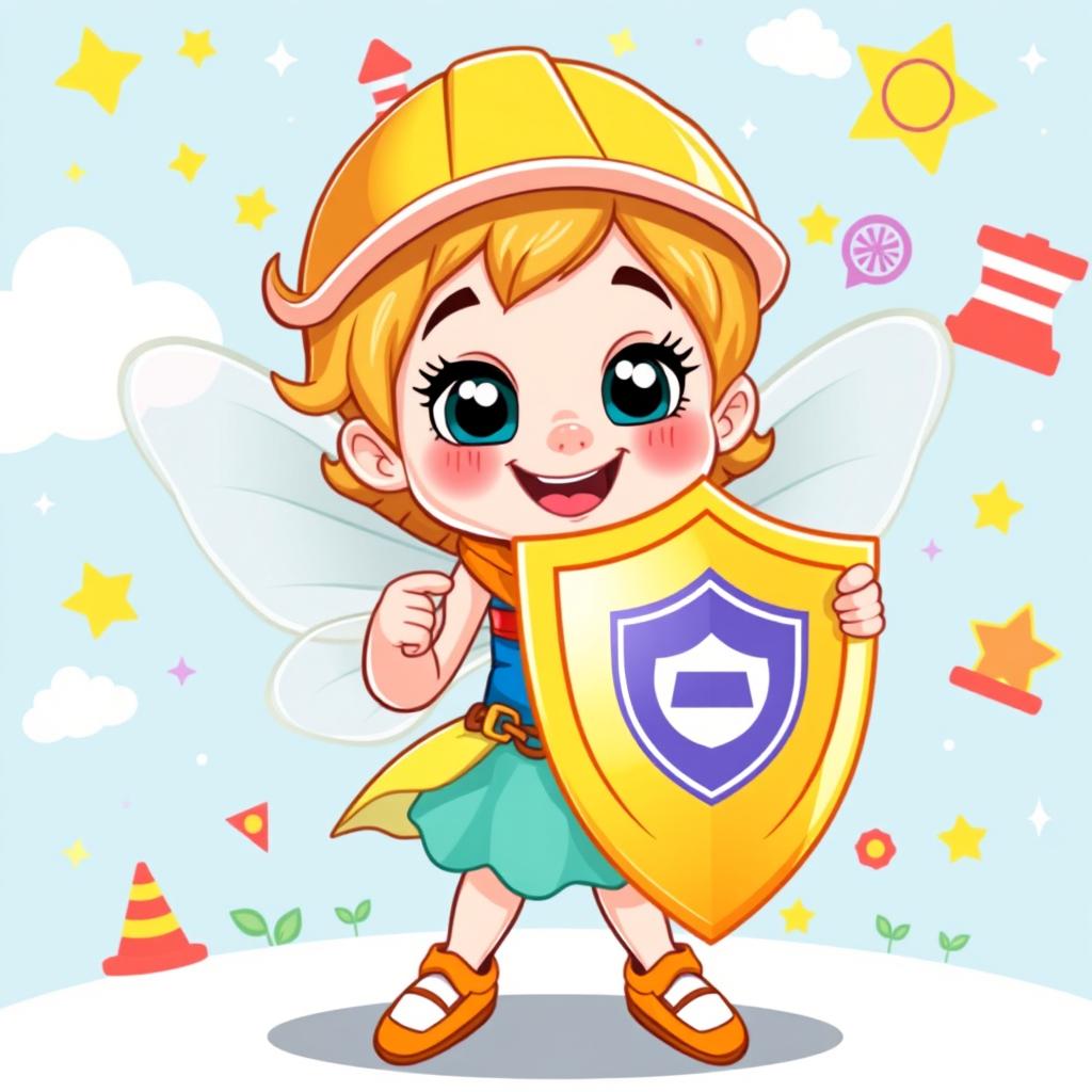 A cartoon-style character of a 'Safety Little Guardian Fairy' holding a shield and pointing at a white speech bubble