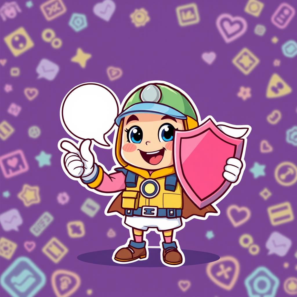A cute safety guardian sprite character in a vibrant cartoon style, holding a shield in one hand while cheerfully pointing at a white speech bubble with the other