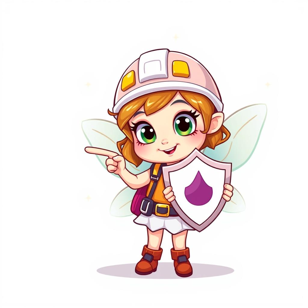 On a white background, a cartoon-style character of a 'Safety Little Guardian Fairy' is depicted holding a shield in one hand and pointing at a white speech bubble with the other