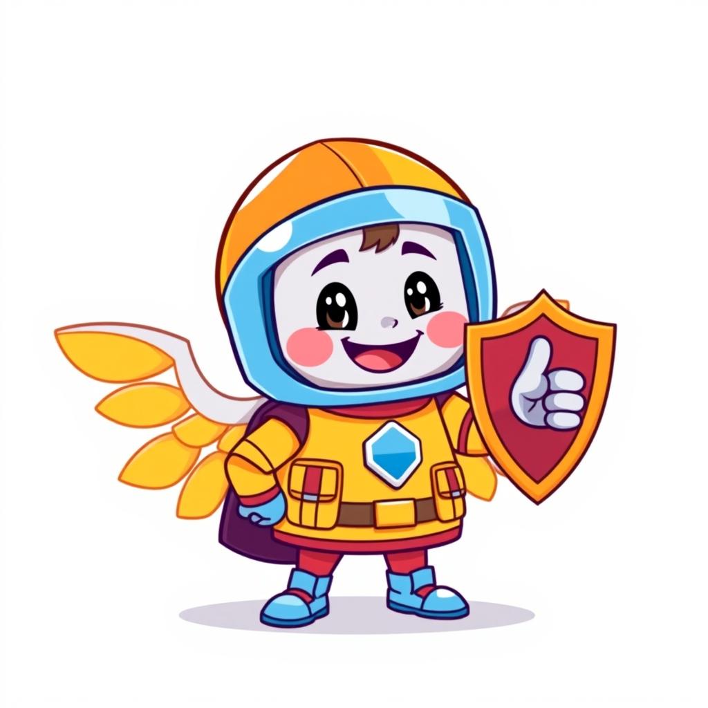 A charming safety guardian sprite in a vibrant cartoon style, set against a clean white background
