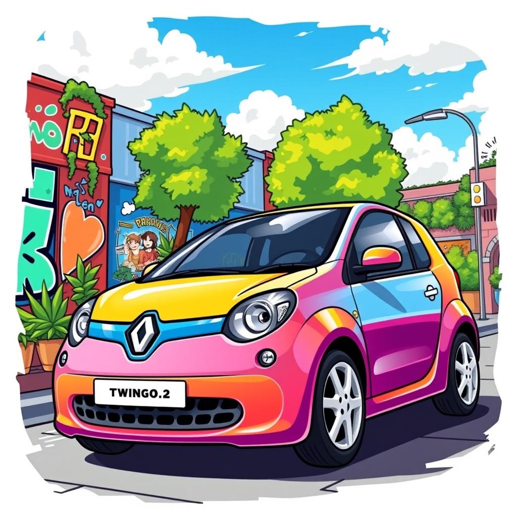 A vibrant and colorful illustration of a Renault Twingo 2, showcasing its unique design features such as its compact dimensions, rounded edges, and distinctive front grille