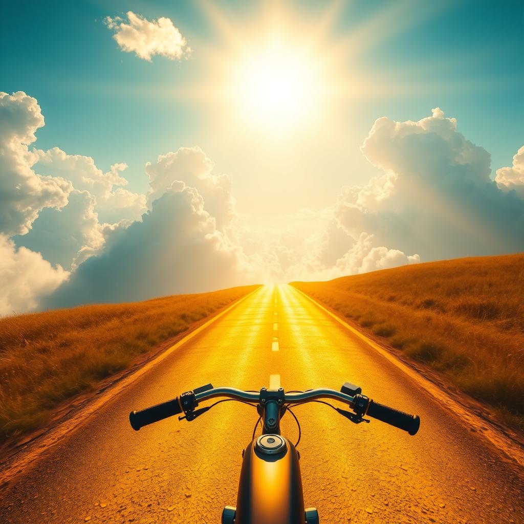 A picturesque scene featuring a bike riding down a golden road that stretches towards a luminous sky depicting heaven