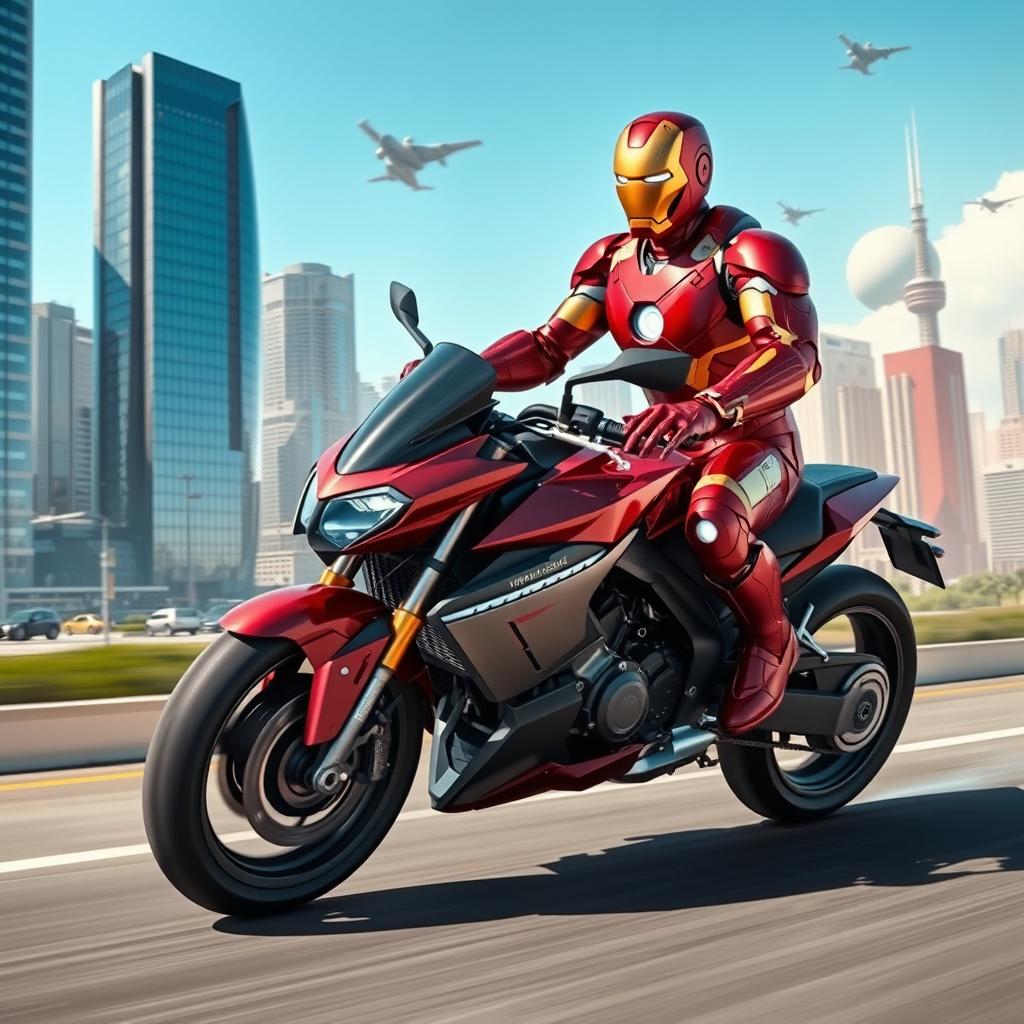 A dynamic scene featuring Ironman, the superhero in his iconic red and gold armor, riding a sleek, high-tech motorcycle
