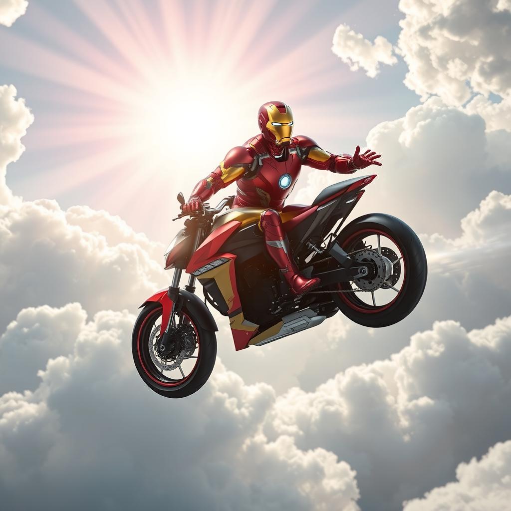 A dynamic composition featuring Ironman in a vibrant, heroic pose riding a sleek motorcycle made of advanced technology, flying upwards through fluffy white clouds towards a beautifully illuminated heaven