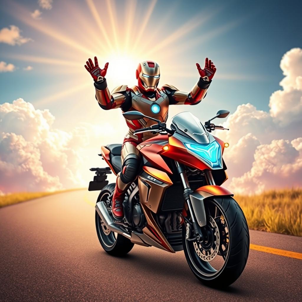 A heroic figure resembling Ironman, clad in a sleek, metallic armored suit, joyfully riding a futuristic motorcycle