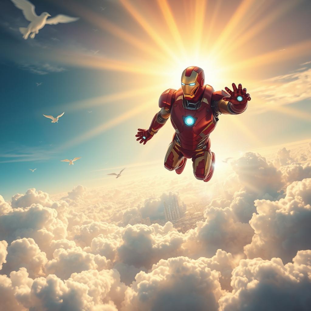 A majestic scene of Iron Man soaring through a stunning, celestial landscape filled with fluffy white clouds, radiant golden light, and ethereal colors