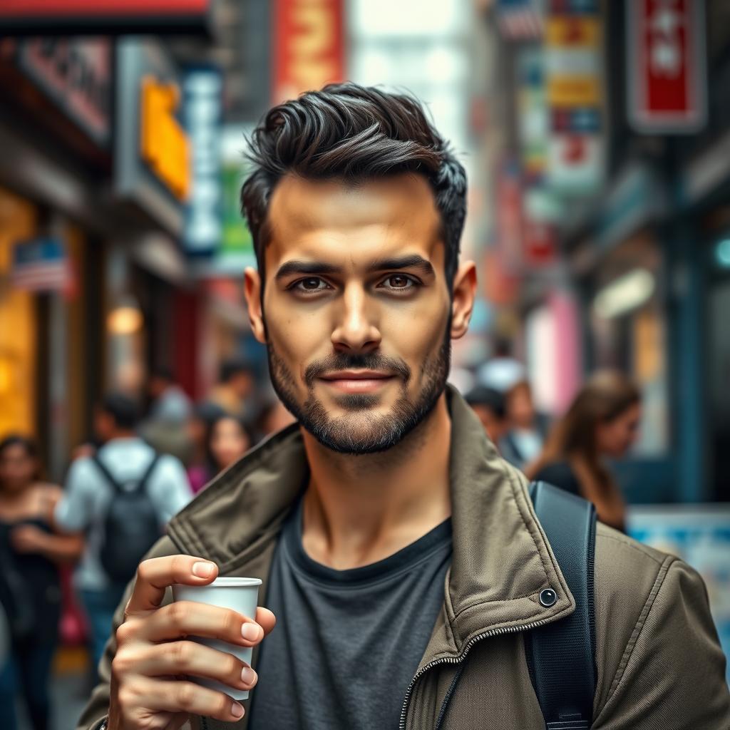 A portrait of a confident and charismatic adult man in a stylish urban environment, holding a tiny cup in his right hand