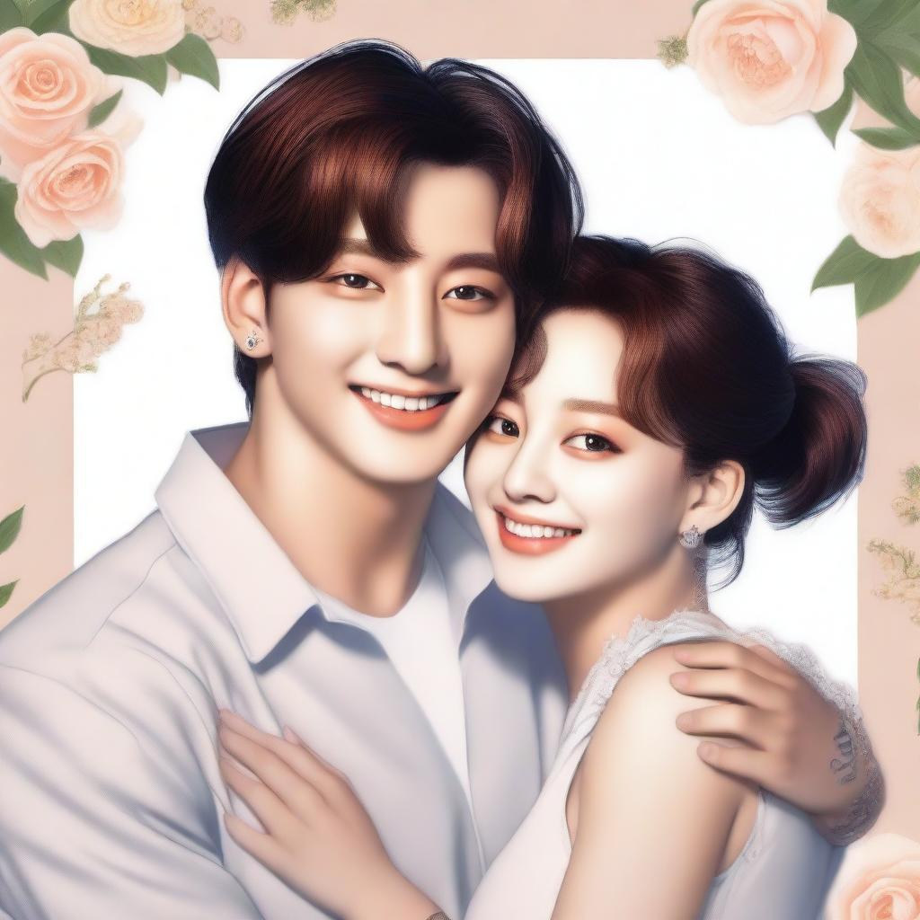 A digital art image, highest quality, depicting Jungkook from BTS, drawn in a realistic style, embracing a beautiful woman