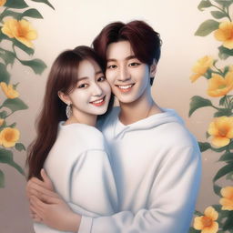 A digital art image, highest quality, depicting Jungkook from BTS, drawn in a realistic style, embracing a beautiful woman