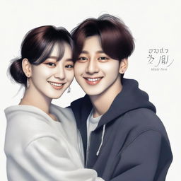 A digital art image, highest quality, depicting Jungkook from BTS, drawn in a realistic style, embracing a beautiful woman