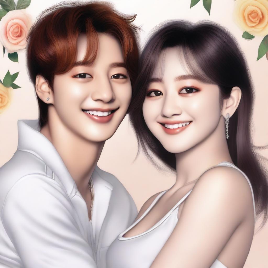 A digital art image, highest quality, depicting Jungkook from BTS, drawn in a realistic style, embracing a beautiful woman