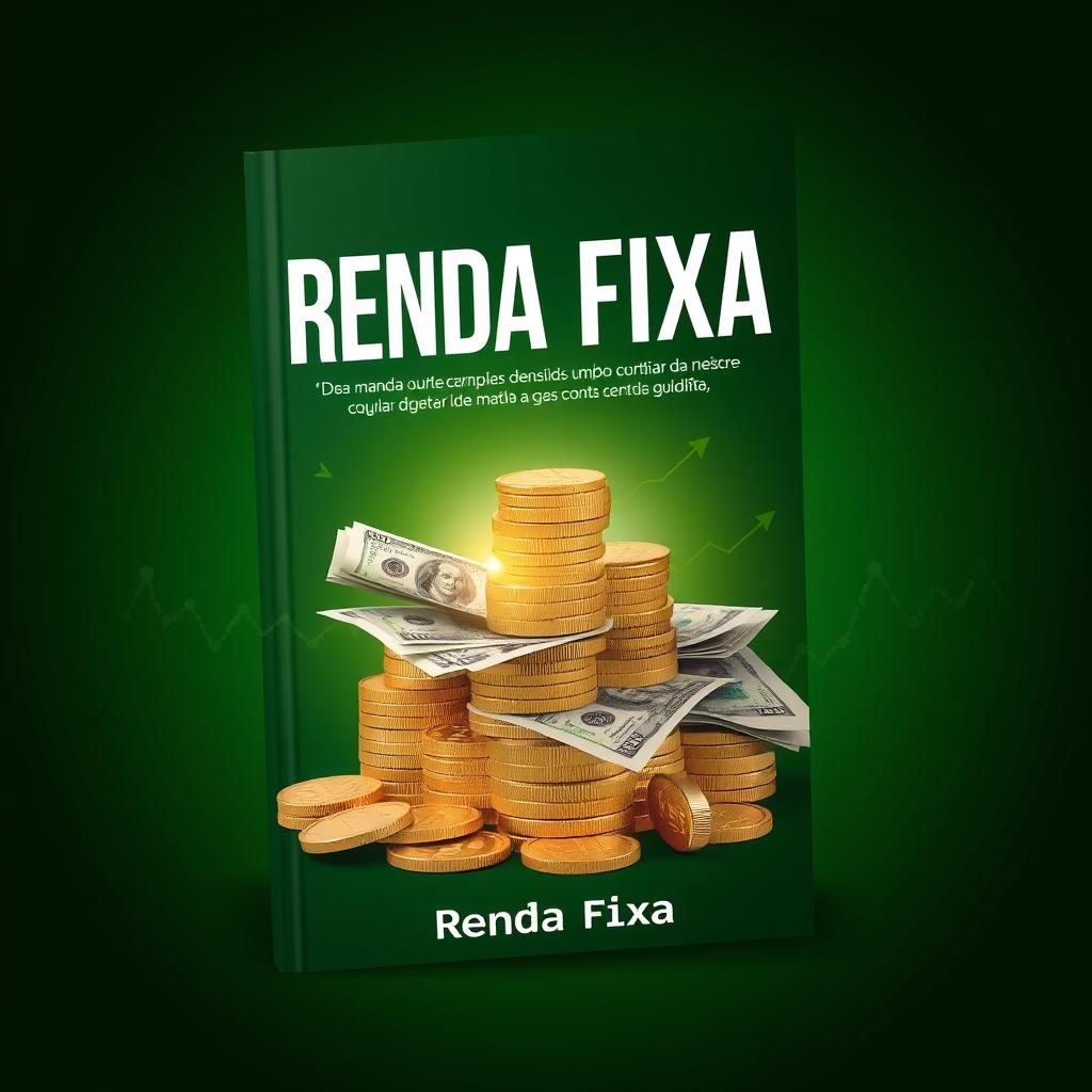 A book cover design for "Renda Fixa" featuring a stack of gold coins and banknotes arranged in an elegant way, conveying the theme of financial stability and investment