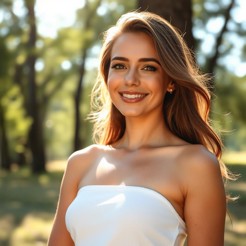 A beautiful and confident woman, standing tall in a serene outdoor setting