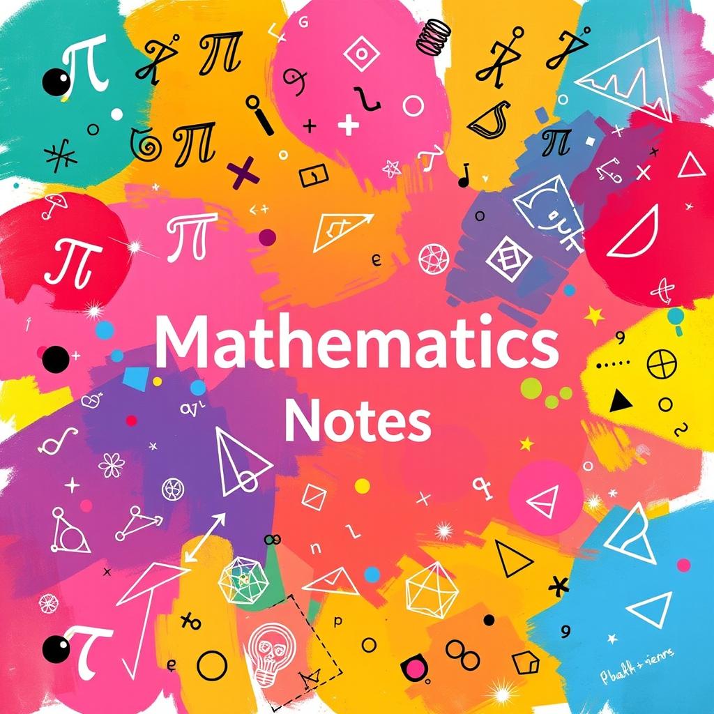 A vibrant and visually appealing cover design for a mathematics notebook, featuring a colorful abstract background with mathematical symbols such as pi, integrals, derivatives, and geometric shapes artistically scattered throughout