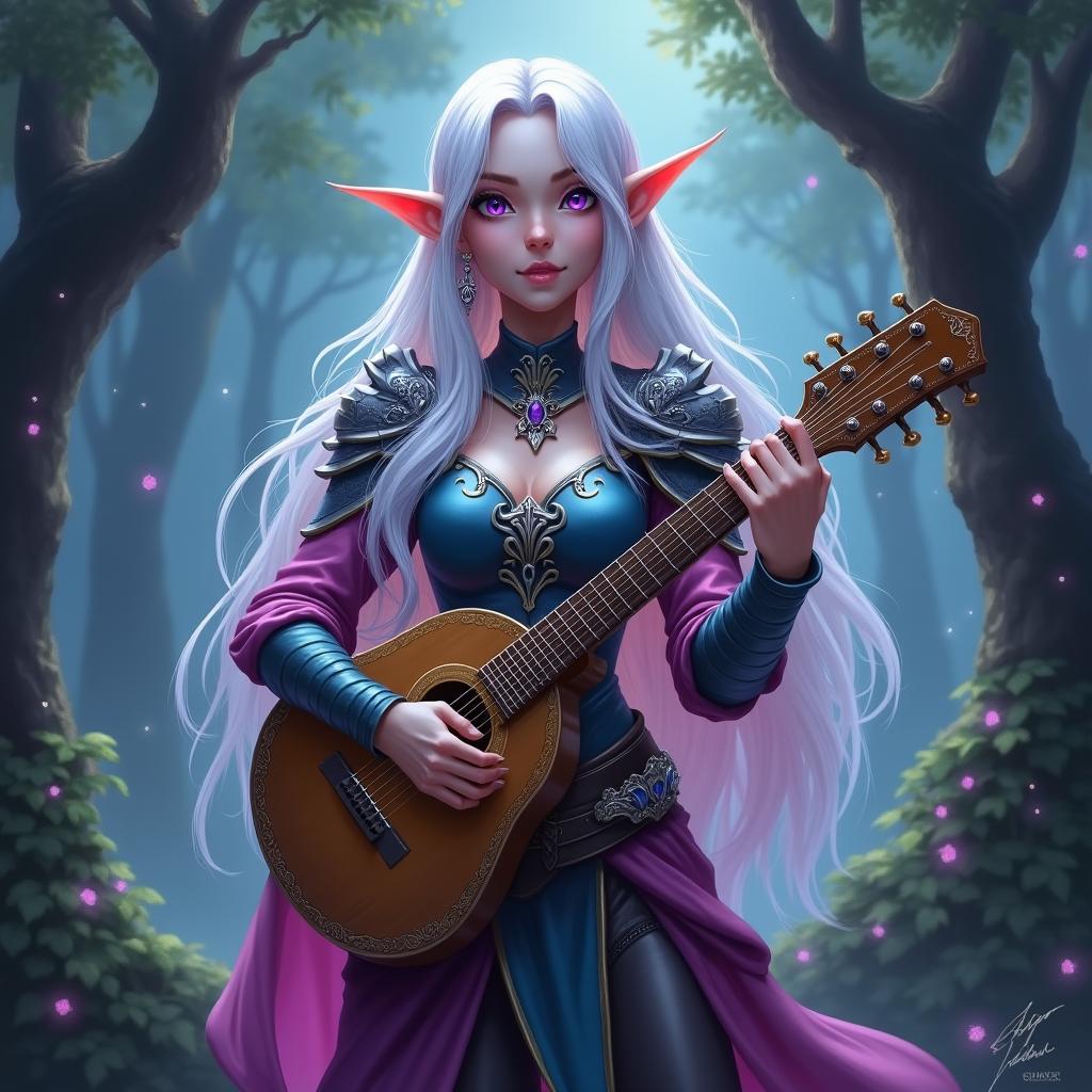 A stunning white female Drow elf bard of valor, standing confidently with a lute in her slender hands