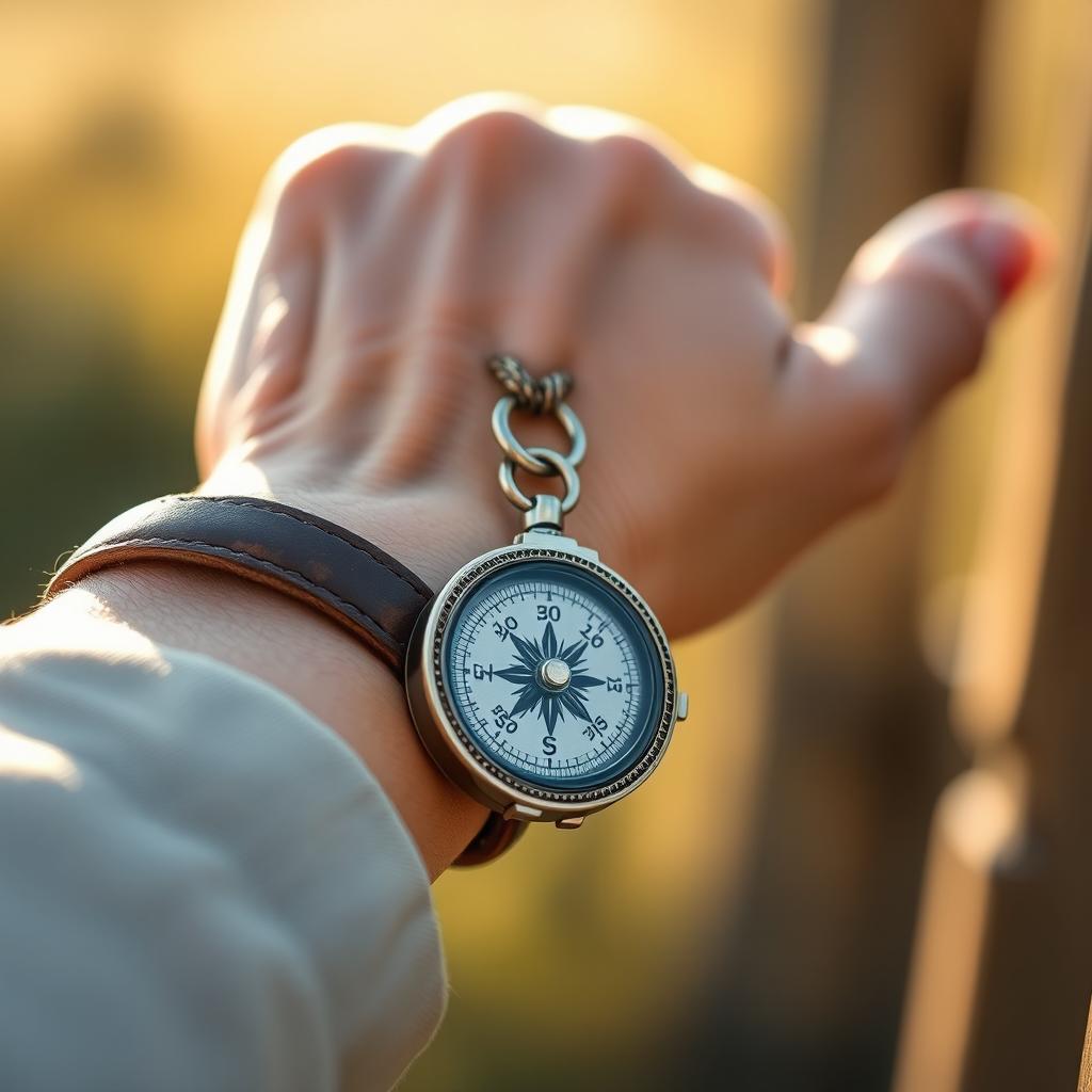 A close-up image of a vintage compass hanging delicately from a leather bracelet on the wrist of a left hand