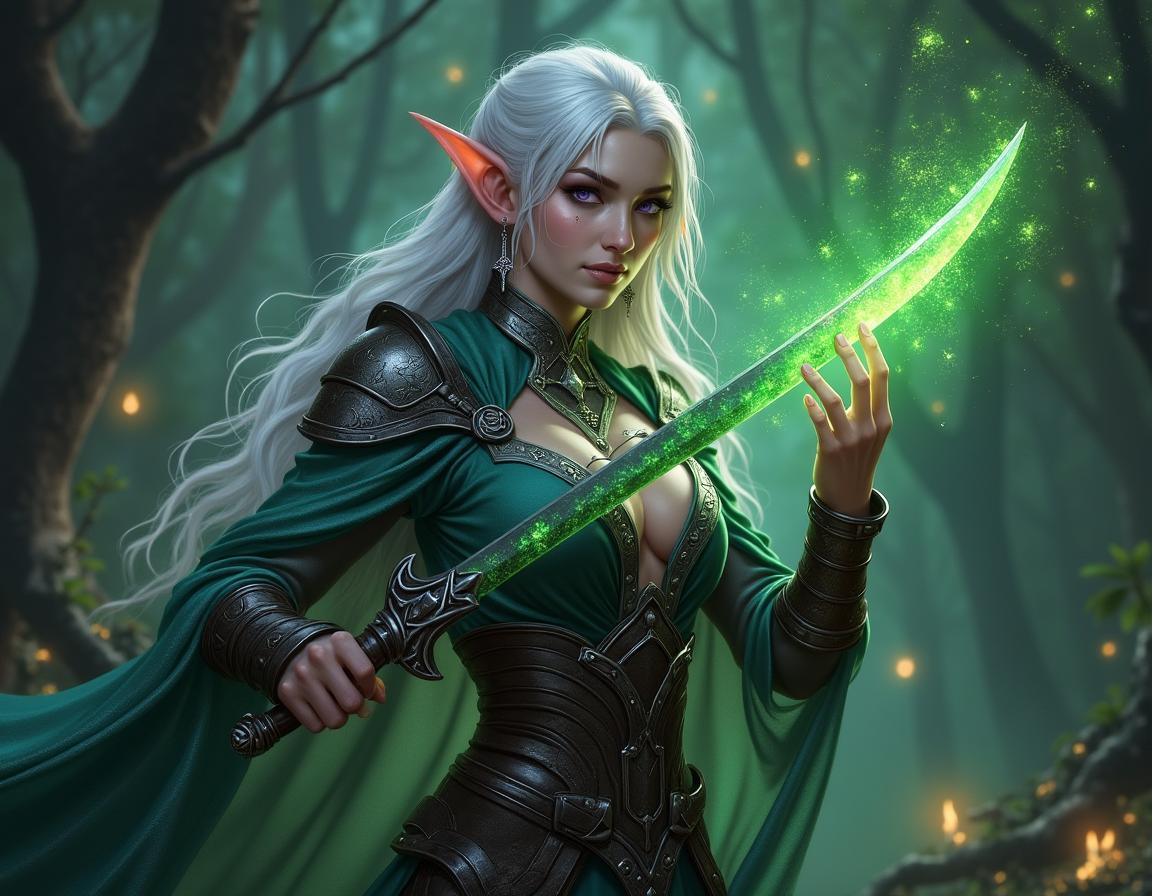 A captivating white female Drow elf bard of valor, fiercely wielding a dark scimitar in one hand and a glowing green branch in the other