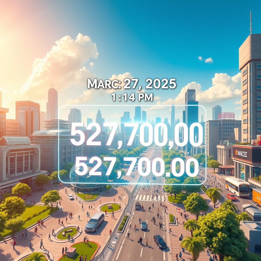 A highly detailed and vibrant digital illustration depicting a futuristic cityscape on the date March 27, 2025, at 1:14 PM