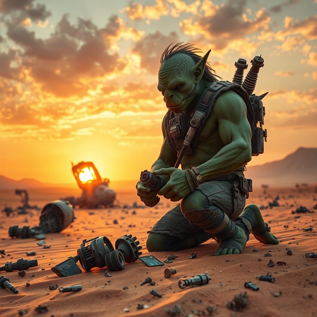 A Gamorrean engineer scavenging through the remains of a derelict spaceship, set in a vast, desolate desert landscape