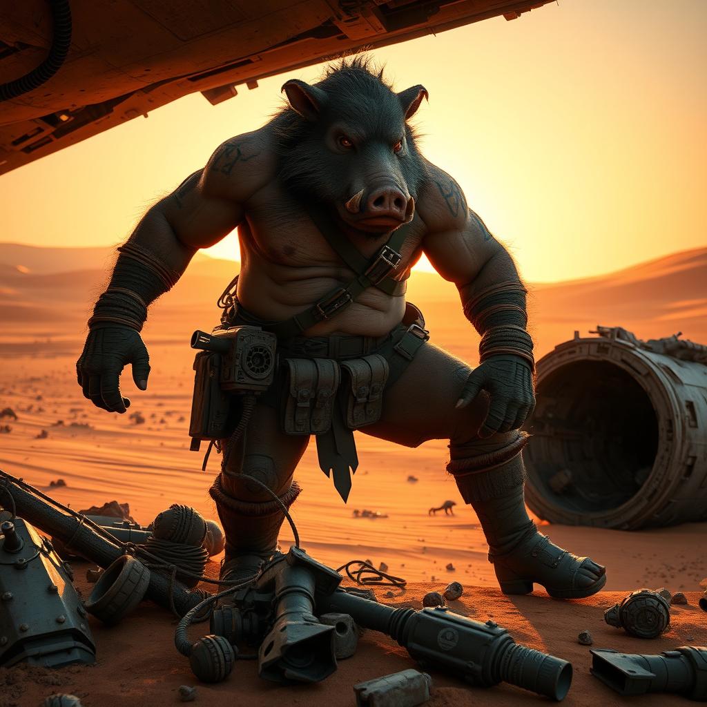 A boar-like Gamorrean engineer, muscular and rugged, scavenging through the remnants of a derelict spaceship in a vast, arid desert landscape