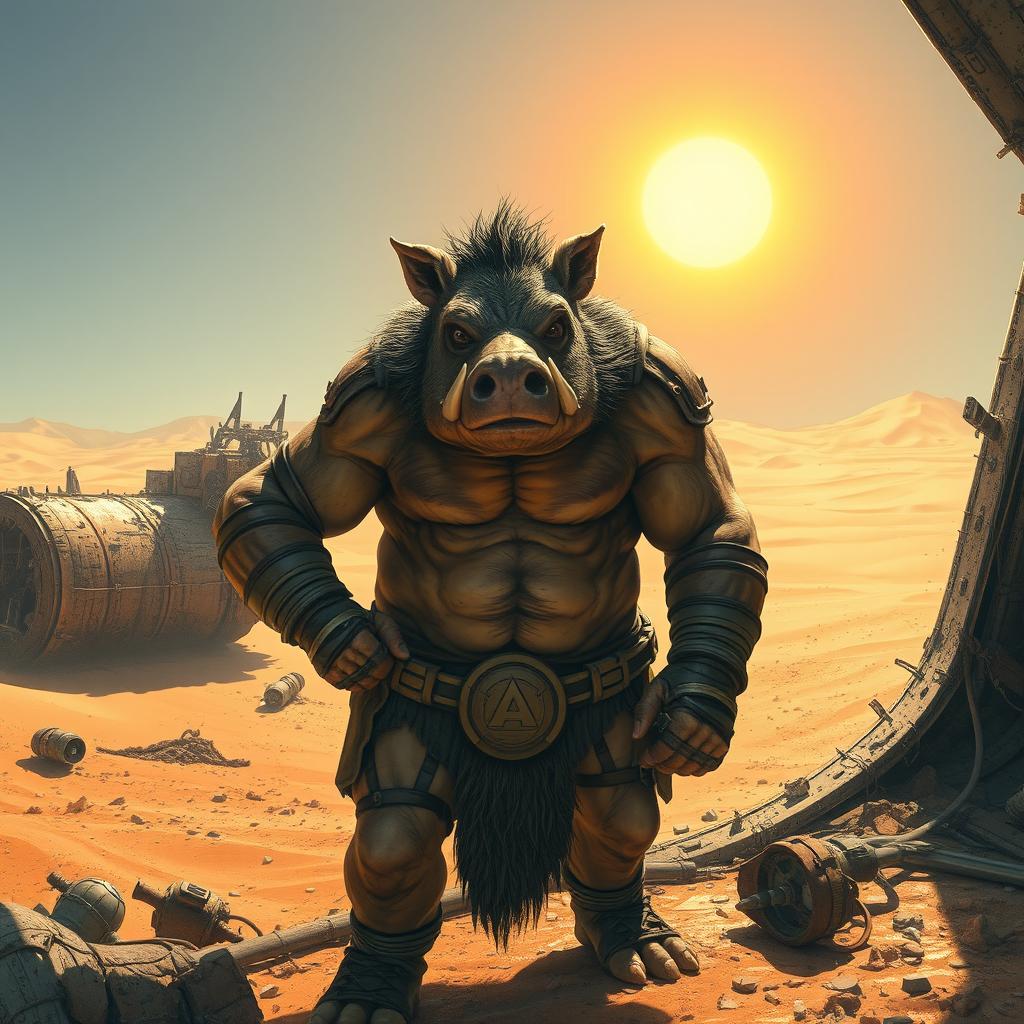 A boar-like Gamorrean engineer scavenging through a derelict spaceship under a scorching desert sun