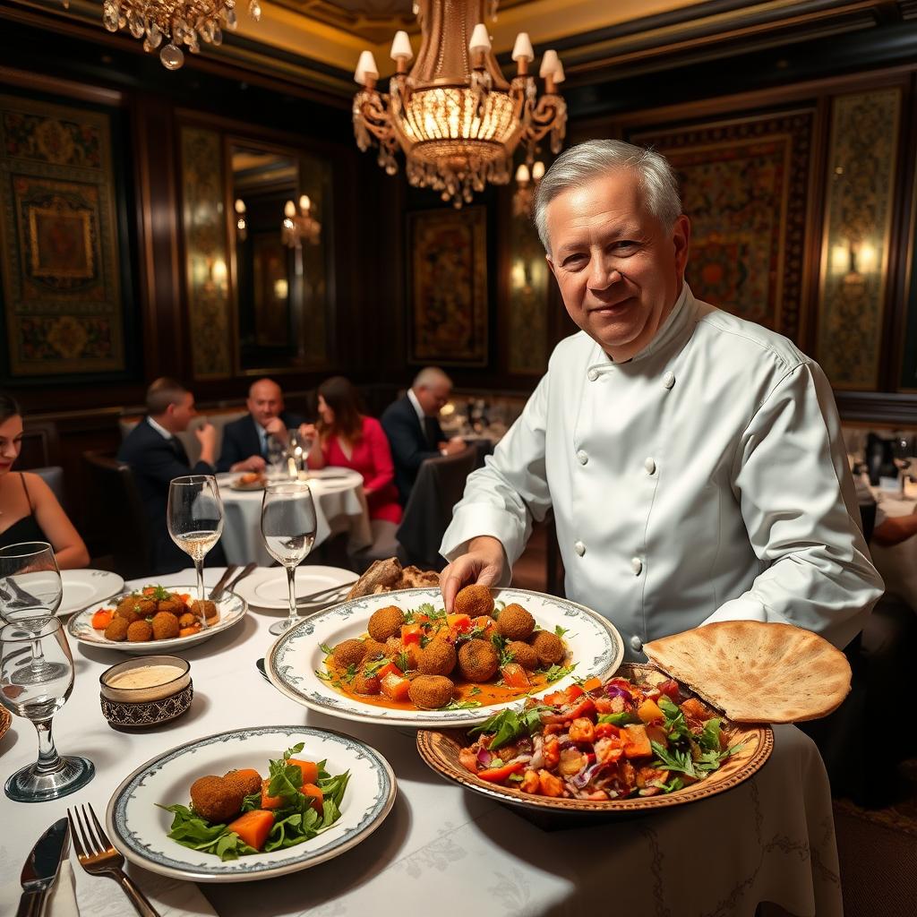 A scene depicting Chef Antoine in a luxurious fine dining restaurant, showcasing an array of beautifully presented Middle Eastern dishes