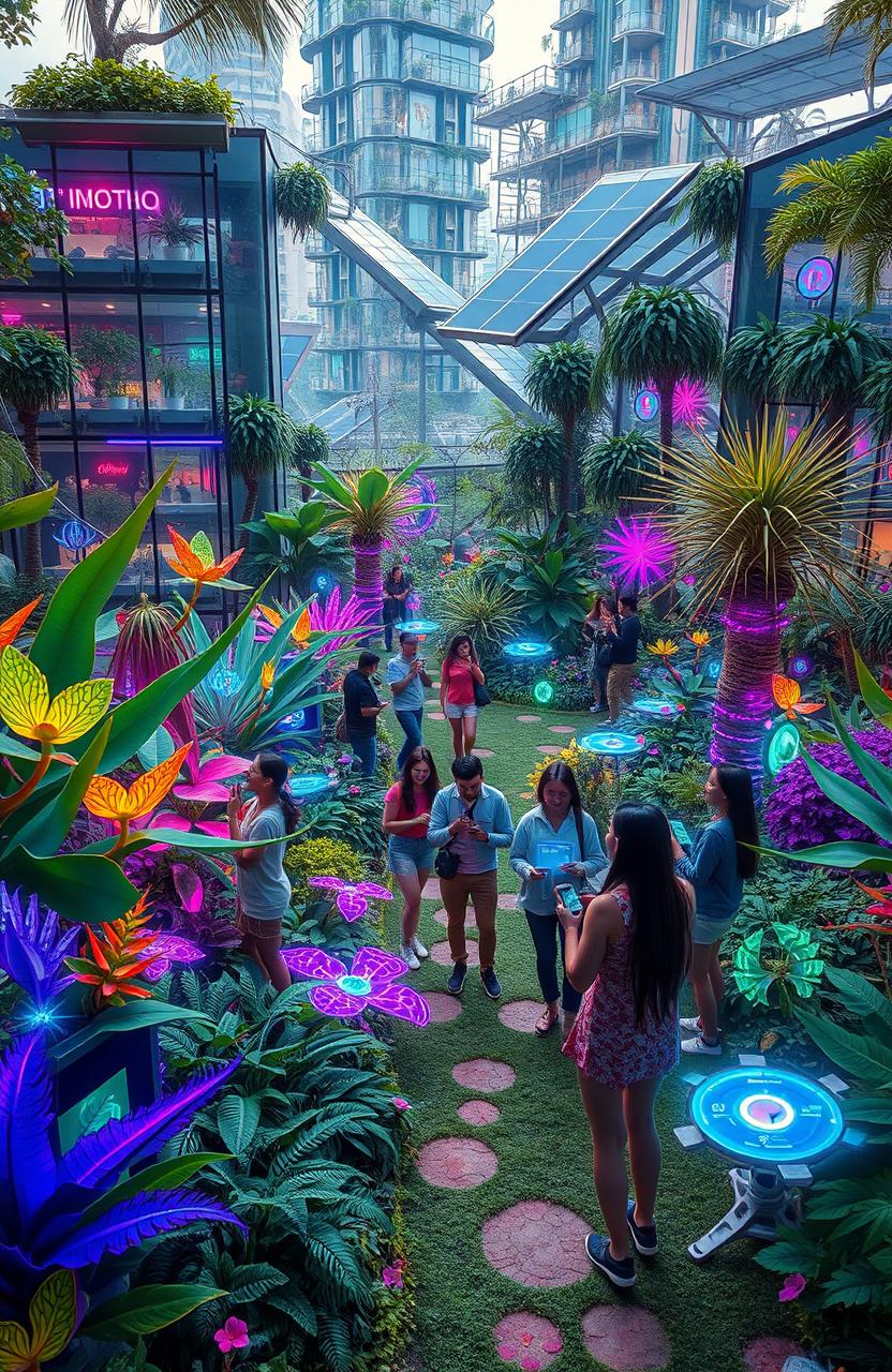 A futuristic garden scene set in the year 2100, showcasing a vibrant and lush cyberpunk aesthetic