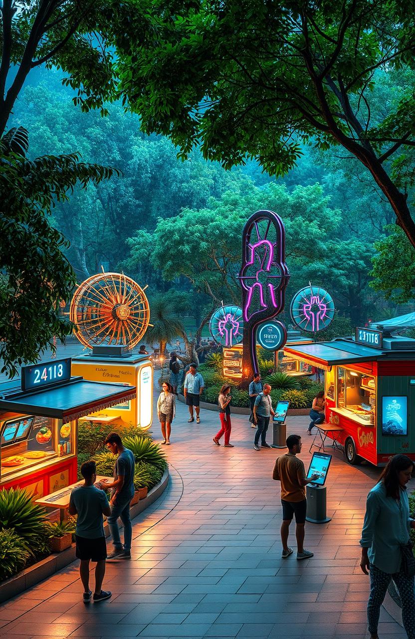 A futuristic park scene set in the year 2100, showcasing a lush and vibrant landscape with advanced technology and beautiful greenery