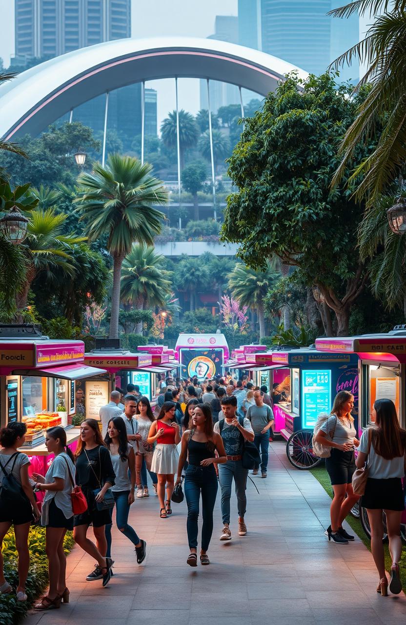A vibrant park scene in the year 2100, showcasing an exciting and beautiful advancement in technology and lifestyle