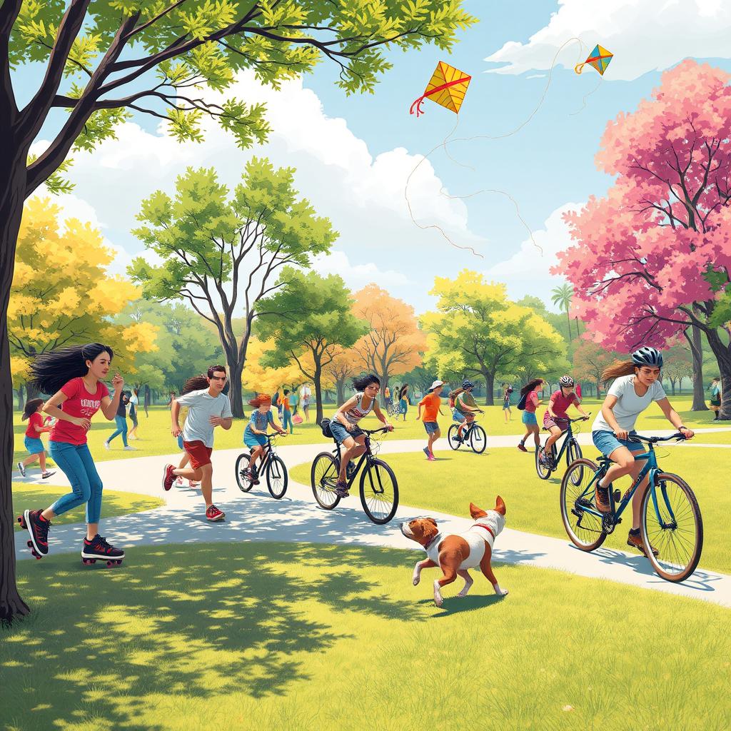 A vibrant, dynamic scene depicting various methods of movement, such as people rollerblading, jogging, and riding bicycles in a sunny park