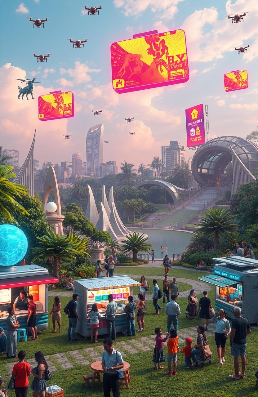 A vibrant park scene set in the year 2100, showcasing advanced technology integrated into nature while maintaining a lively atmosphere