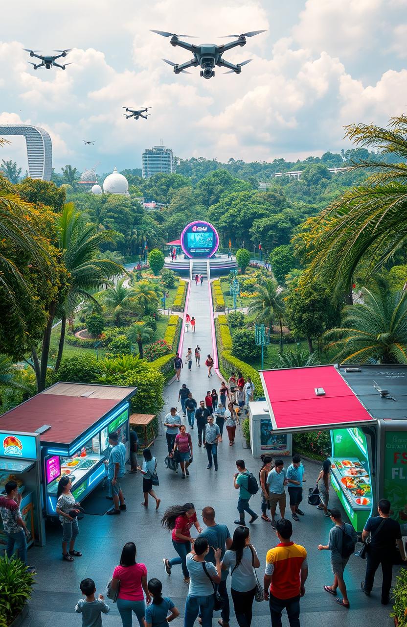 A vibrant futuristic Indonesian garden scene set in the year 2100, featuring a beautiful and advanced park filled with lush greenery, neon-lit walkways, and futuristic architecture