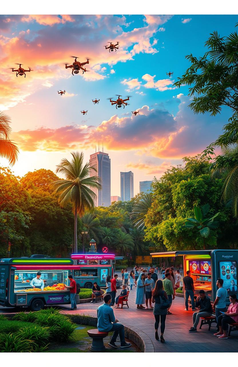 A vibrant park scene set in the year 2100, showcasing an advanced yet beautiful cyberpunk theme