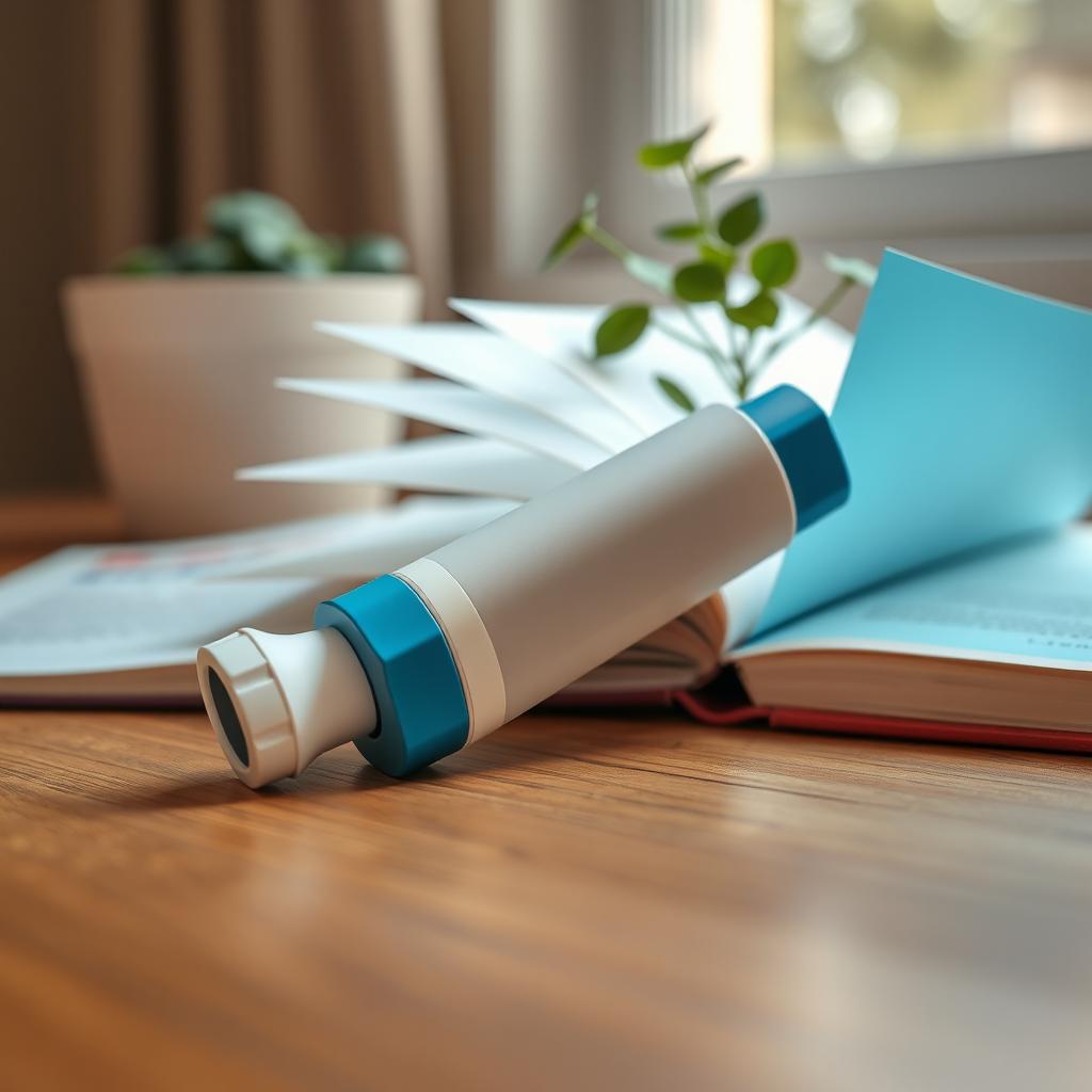 A detailed close-up view of an asthma inhaler resting on a wooden table, showcasing its sleek design with a bright color scheme, calming blue and white hues