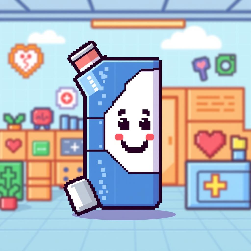 A vibrant pixel art representation of an asthma inhaler, designed in a colorful 8-bit style