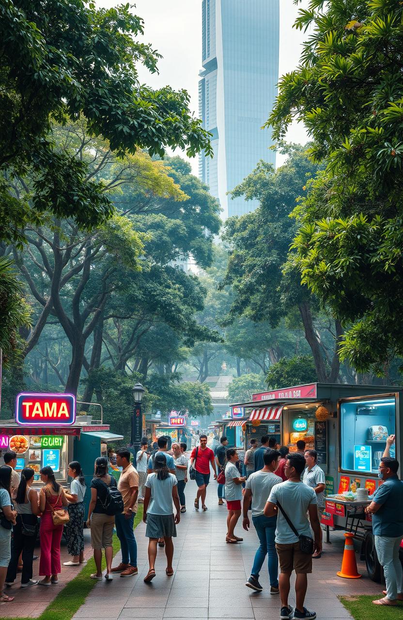A vibrant and futuristic park scene set in the year 2100, showcasing beautiful advancements in technology and design